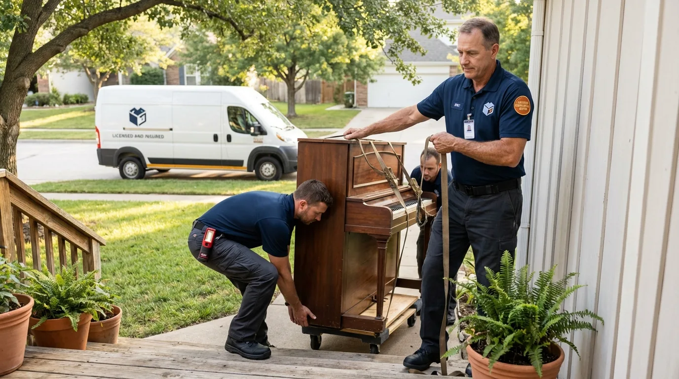 Licensed piano movers securing grand piano in Opelousas, LA