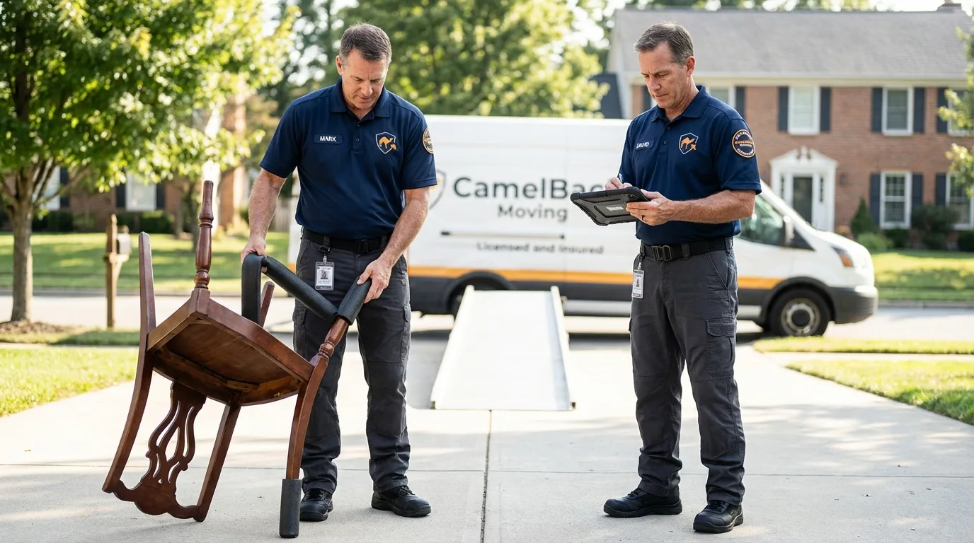 Movers inspecting furniture for damage prevention before loading in Opelousas, LA