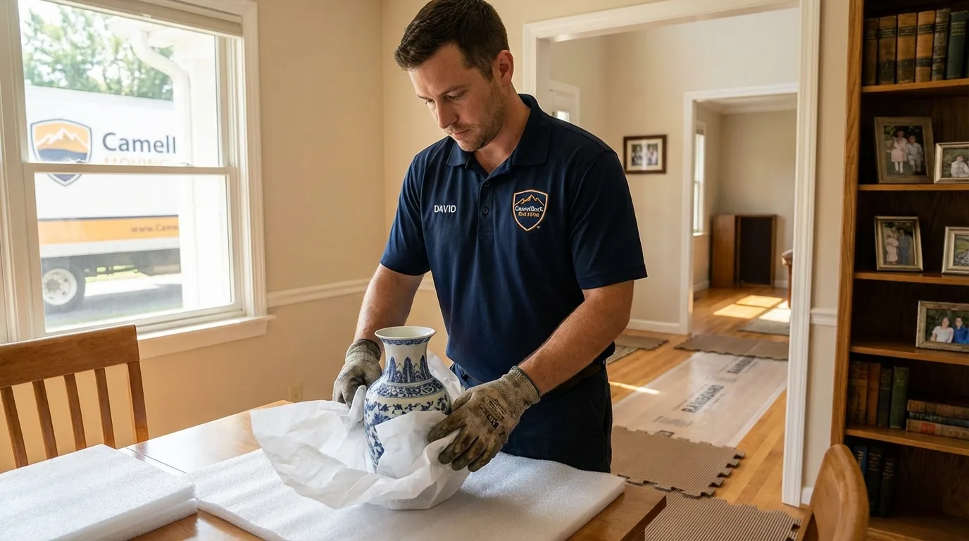 Professional crew carefully wrapping antique vase for senior downsizing move in Opelousas, LA